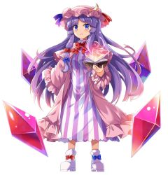 Rule 34 | 1girl, blue bow, blue ribbon, blunt bangs, blush, book, bow, bowtie, breasts, capelet, closed mouth, crescent, crystal, dress, e.o., frilled sleeves, frills, full body, hair bow, hat, hat ribbon, holding, holding book, long hair, long sleeves, looking at viewer, mob cap, open book, pajamas, patchouli knowledge, purple eyes, purple hair, red bow, red bowtie, red ribbon, ribbon, shoes, sidelocks, small breasts, solo, striped clothes, striped dress, touhou, vertical-striped clothes, vertical-striped dress, very long hair, white background, white footwear, wide sleeves