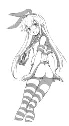 Rule 34 | 10s, 1girl, ass, bad id, bad pixiv id, butt crack, greyscale, hair ribbon, kantai collection, long hair, monochrome, no pants, panties, panty pull, ribbon, shimakaze (kancolle), striped clothes, striped thighhighs, thighhighs, underwear, yoshitani motoka