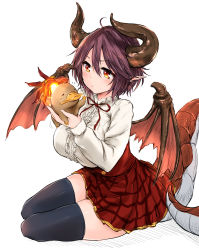 Rule 34 | 10s, 1girl, bad id, bad pixiv id, black thighhighs, blouse, blush, breasts, commentary request, dragon horns, dragon tail, dragon wings, from side, granblue fantasy, grea (shingeki no bahamut), hair between eyes, harino646, highres, holding, horns, large breasts, pointy ears, purple hair, red eyes, ribbon, shingeki no bahamut, shirt, short hair, simple background, sitting, skirt, solo, tail, thighhighs, white background, white shirt, wings
