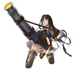 Rule 34 | 10s, 1girl, :o, belt, black hair, brown eyes, brown panties, cannon, frills, gloves, goggles, goggles on head, granblue fantasy, gun, handgun, huge weapon, jessica (granblue fantasy), long hair, orange eyes, panties, pantyshot, shoulder pads, skirt, solo, standing, underwear, very long hair, weapon, white background, white gloves, wind, wind lift, wolfedge