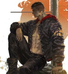 Rule 34 | 1boy, 1thousand9, abs, absurdres, bara, bare pectorals, black footwear, black hair, black pants, boots, chest tattoo, dragon, ear piercing, earrings, feet out of frame, hand on own knee, highres, jacket, jewelry, male focus, multicolored clothes, multicolored jacket, navel, neck tattoo, open clothes, open jacket, original, pants, pectorals, piercing, profile, rock, short hair, sitting, sitting on rock, solo, tattoo, translation request, two-tone jacket, undercut, white background, yellow eyes