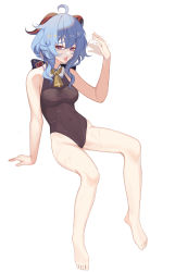 Rule 34 | 1girl, afterimage, ahoge, arm support, bare arms, bare legs, bare shoulders, barefoot, bell, blue hair, breasts, brown leotard, covered navel, fanning self, full body, ganyu (genshin impact), genshin impact, highres, horns, hot, invisible chair, leaning back, leotard, looking at viewer, lta rsws, medium breasts, motion lines, open mouth, purple eyes, short hair, sidelocks, simple background, sitting, solo, tongue, tongue out, white background