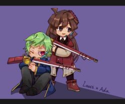Rule 34 | 1boy, 1girl, ahoge, black eyes, black footwear, black necktie, black pants, blue coat, boots, brown hair, coat, commentary request, employee (project moon), green hair, grey pants, gun, holding, holding gun, holding weapon, layered sleeves, lobotomy corporation, long hair, long sleeves, necktie, no nose, one eye closed, open clothes, open coat, open mouth, pants, pink eyes, pipe in mouth, project moon, red coat, red footwear, red vest, shirt, short hair, short over long sleeves, short sleeves, sitting, smile, smoking pipe, tesna, vest, weapon, white shirt