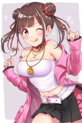 Rule 34 | 1girl, bare shoulders, belt collar, black skirt, blush, breasts, brown eyes, brown hair, closed mouth, collar, commentary request, cowboy shot, double bun, hair bun, hair ribbon, idolmaster, idolmaster shiny colors, jacket, long sleeves, looking at viewer, medium breasts, midriff, nail polish, navel, off shoulder, one eye closed, pink jacket, pink nails, ribbon, skirt, smile, solo, sonoda chiyoko, strapless, tongue, tongue out, trente, tube top