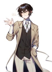 Rule 34 | 1boy, bandaged arm, bandaged neck, bandages, black eyes, black hair, black vest, bolo tie, brown coat, brown pants, bungou stray dogs, closed mouth, coat, collared shirt, cowboy shot, dazai osamu (bungou stray dogs), hand up, highres, long sleeves, male focus, mangseok bsd, musical note, pants, shirt, short hair, simple background, smile, solo, spoken musical note, standing, vest, white background, white shirt