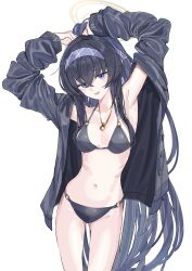 Rule 34 | 1girl, absurdres, bikini, black bikini, black hair, black jacket, blue archive, blush, breasts, cowboy shot, groin, hair between eyes, hairband, highres, jacket, jewelry, kazukingu, long hair, long sleeves, looking at viewer, navel, official alternate costume, open clothes, open jacket, open mouth, pendant, ponytail, purple eyes, purple hairband, simple background, small breasts, solo, swimsuit, ui (blue archive), ui (swimsuit) (blue archive), white background