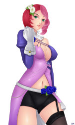 Rule 34 | 1girl, alisa boskonovich, android, black thighhighs, blue flower, blue rose, breasts, cleavage, clenched hand, elbow gloves, flower, garter straps, gloves, green eyes, hair flower, hair ornament, high strap, khalitzburg, multicolored hair, namco, pink hair, red hair, robot, rose, short hair, short shorts, shorts, simple background, single thighhigh, skirt, smile, solo, split-color hair, split personality, tekken, thigh strap, thighhighs, two-tone hair, white background