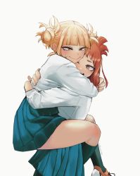 Rule 34 | 2girls, artist name, black socks, blonde hair, blunt bangs, boku no hero academia, breasts, brown eyes, brown hair, carrying, closed mouth, commentary, double bun, english commentary, green skirt, hair bun, highres, hug, kneehighs, long sleeves, looking at another, messy hair, multiple girls, one eye closed, open mouth, pleated skirt, reallyveverka, shirt, shoes, short hair, simple background, skirt, smile, socks, standing, toga himiko, uraraka ochako, white background, white shirt, yellow eyes