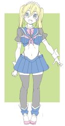 Rule 34 | 1girl, :d, absurdres, bad id, bad twitter id, blonde hair, blue sailor collar, blue skirt, boots, bow, bowtie, donguri suzume, full body, green background, green eyes, grey thighhighs, highres, looking at viewer, maid, maid headdress, midriff, navel, neckerchief, open mouth, original, pink neckwear, pleated skirt, puffy short sleeves, puffy sleeves, red neckwear, round teeth, sailor collar, short sleeves, simple background, skirt, smile, solo, standing, teeth, thighhighs, twintails, wrist cuffs