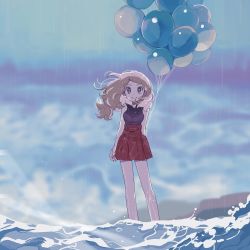 Rule 34 | 1girl, balloon, bare legs, brown hair, collared shirt, commentary, creatures (company), day, floating hair, game freak, grey eyes, high-waist skirt, highres, long hair, nintendo, outdoors, parted lips, pokemon, pokemon xy, rain, red skirt, serena (pokemon), shirt, skirt, sleeveless, sleeveless shirt, smile, solo, standing, symbol-only commentary, tyou08665851, wading, wet