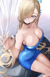 1girl absurdres alternate_costume asuna_(blue_archive) black_choker blonde_hair blue_archive blue_dress blue_halo bracelet breasts choker cleavage commentary dress earrings hair_over_one_eye hair_spread_out halo highres jewelry large_breasts lds_(dstwins97) long_hair mole mole_on_breast revision sitting smile solo strapless strapless_dress thighs very_long_hair