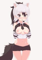 Rule 34 | 10s, 1girl, aardwolf (kemono friends), absurdres, animal ears, atama neko (atamaneko 110100), bare shoulders, black eyes, black hair, black necktie, blush, breasts, breasts apart, breasts out, buttons, commentary request, cowboy shot, crop top, cropped shirt, cutoffs, elbow gloves, extra ears, gloves, hair between eyes, hands on own chest, hands up, high ponytail, highres, hip focus, kemono friends, long hair, looking at viewer, medium breasts, midriff, multicolored hair, navel, necktie, nipples, no bra, no legwear, nose blush, open clothes, open mouth, open shirt, ponytail, print gloves, print shirt, shirt, short shorts, shorts, silver hair, simple background, sleeveless, sleeveless shirt, smile, solo, standing, stomach, tail, thigh gap, tsurime, two-tone hair, white background