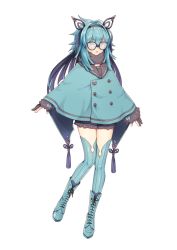 Rule 34 | 1girl, alternate color, blue footwear, blue hair, blue thighhighs, character request, check character, creatures (company), cross-laced footwear, full body, game freak, gen 6 pokemon, glasses, hairband, highres, kasuka108, long hair, looking at viewer, nintendo, noibat, personification, pokemon, shiny pokemon, simple background, solo, standing, thighhighs, white background