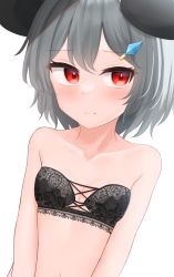 Rule 34 | 1girl, alternate costume, animal ears, blush, bra, breasts, closed mouth, collarbone, commentary request, dakuazu, grey hair, highres, mouse ears, mouse girl, nazrin, paid reward available, red eyes, short hair, simple background, small breasts, solo, strapless, strapless bra, touhou, underwear, upper body, white background