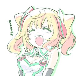 Rule 34 | 1girl, :d, blonde hair, breasts, cleavage, closed eyes, hacka doll, hacka doll 1, ishiyumi, lyrics, open mouth, simple background, smile, solo, translation request, twintails, upper body, white background