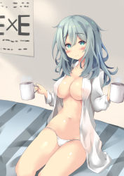 Rule 34 | 1girl, absurdres, bad id, bad pixiv id, blush, breasts, cameltoe, closed mouth, coffee, coffee mug, collarbone, commentary request, cup, green eyes, green hair, groin, hair between eyes, highres, holding, holding cup, large breasts, long hair, long sleeves, looking at viewer, medium breasts, mug, navel, no bra, open clothes, open shirt, panties, purunyara, riddle joker, shikibe mayu, shirt, short hair, side ponytail, sitting, smile, solo, stomach, string panties, underwear, white panties, white shirt