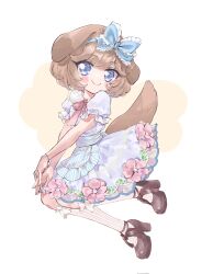 Rule 34 | 1girl, animal ears, apron, blue bow, blue eyes, blush, bow, bracelet, brown footwear, brown hair, delicious party precure, dog ears, dog girl, dog tail, dress flower, duko, frilled bow, frills, full body, hair bow, highres, jewelry, kneehighs, pam-pam (precure), pam-pam (precure) (human), precure, smile, socks, solo, tail, white background