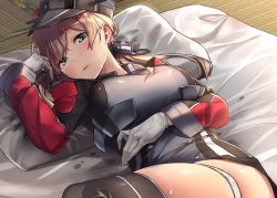 Rule 34 | 10s, 1girl, anchor hair ornament, aqua eyes, baffu, black thighhighs, blonde hair, blush, breasts, cross, futon, gloves, hair ornament, half-closed eyes, hat, highres, iron cross, kantai collection, long hair, looking at viewer, low twintails, microskirt, military, military uniform, panties, panty pull, peaked cap, prinz eugen (kancolle), skirt, solo, sweat, tatami, thighhighs, twintails, underwear, uniform, white gloves