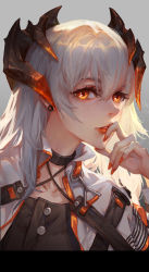 Rule 34 | 1girl, arknights, clothing request, collared jacket, commentary request, earrings, grey background, hair between eyes, hand on own chin, highres, horns, jacket, jewelry, looking at viewer, nail polish, orange eyes, saria (arknights), shaded face, simple background, solo, tagme, train hb, white hair, white jacket