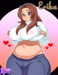 Rule 34 | 1girl, agawa ryou, artist name, borrowed character, breasts, brown eyes, brown hair, cameltoe, character name, cleft of venus, denim, fat, glasses, hip focus, huge breasts, jeans, long hair, original, pants, plump, solo, thick thighs, thighs, wide hips