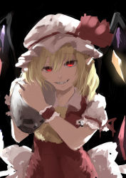 Rule 34 | 1girl, absurdres, ascot, backlighting, blonde hair, bow, crystal, fangs, flandre scarlet, hands up, hat, hat bow, hat ribbon, highres, holding, holding skull, looking at viewer, medium hair, mob cap, parted lips, puffy short sleeves, puffy sleeves, red bow, red eyes, red ribbon, ribbon, shirt, short sleeves, sketch, skull, slit pupils, smile, solo, touhou, upper body, watchi, wings, wrist cuffs, yellow ascot