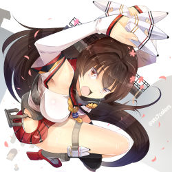 Rule 34 | 10s, 1girl, anchor, between fingers, breasts, brown eyes, brown hair, cartridge, cherry blossoms, cutting board, detached sleeves, flower, from above, hair flower, hair ornament, holding, kantai collection, large breasts, long hair, looking at viewer, miniskirt, objectification, open mouth, ponytail, ryuujou (kancolle), single thighhigh, skirt, solo, sts, sweat, taihou (kancolle), thigh strap, thighhighs, twintails, twitter username, very long hair, visor cap, when you see it, yamato (kancolle)