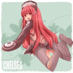 Rule 34 | 1girl, :d, amane hasuhito, bad id, bad pixiv id, character name, chelsea (monorino), feet, long hair, looking at viewer, looking back, lying, no shoes, on stomach, open mouth, original, red eyes, red hair, smile, soles, solo, toes, very long hair