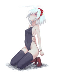 Rule 34 | 1girl, arms behind back, bare shoulders, bdsm, bondage, bound, breasts, chaika bogdan, commentary, covered erect nipples, covered navel, hairband, highres, hitsugi no chaika, kneeling, lolita hairband, medium breasts, purple eyes, restrained, rou (rou22), short hair, sideboob, simple background, solo, thighhighs, underwater, white background, white hair