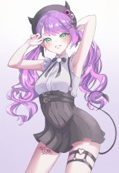 Rule 34 | 1girl, absurdres, armpit peek, arms behind head, arms up, beret, black bow, black bowtie, black hat, black ribbon, black skirt, bow, bowtie, breasts, cardigan, collared shirt, commentary, contrapposto, cowboy shot, demon girl, demon tail, ear piercing, earrings, english commentary, fake horns, frilled shirt, frilled sleeves, frills, gradient background, green eyes, grin, hair ornament, hair ribbon, hairclip, hat, heart o-ring, high-waist skirt, highres, hololive, horned headwear, horns, jewelry, leg tattoo, linked piercing, long hair, looking at viewer, medium breasts, miniskirt, o-ring, o-ring thigh strap, open cardigan, open clothes, piercing, pleated skirt, pointy ears, pom pom (clothes), purple hair, ribbon, sher (imnotsher), shirt, skirt, sleeveless, sleeveless shirt, smile, solo, suspender skirt, suspenders, swept bangs, tail, tail ornament, tail piercing, tattoo, thigh strap, tokoyami towa, virtual youtuber, wavy hair, white shirt