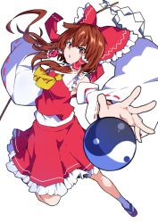 Rule 34 | 1girl, ascot, bow, breasts, brown eyes, brown hair, detached sleeves, foreshortening, frilled bow, frilled hair tubes, frills, gohei, hair between eyes, hair bow, hair tubes, hakurei reimu, highres, ishimu, long hair, looking at viewer, medium breasts, orb, parted lips, red bow, red skirt, ribbon-trimmed sleeves, ribbon trim, simple background, skirt, skirt set, solo, touhou, wide sleeves, yellow ascot, yin yang, yin yang orb