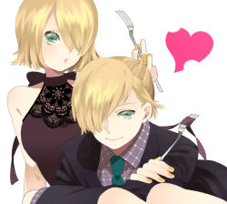 Rule 34 | 1boy, 1girl, aqua eyes, bad id, bad pixiv id, blonde hair, brother and sister, fork, formal, green necktie, hair over one eye, heart, kagamine len, kagamine rin, lace, long sleeves, nail polish, necktie, ribbon, short hair, siblings, simple background, sleeveless, smile, suit, tamado sao, twins, vocaloid, yellow nails