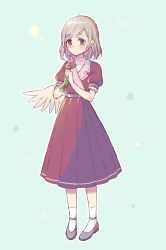 Rule 34 | 1girl, alternate costume, angel wings, belt, blue background, blush, closed mouth, commentary request, dress, flats, flower, grey hair, holding, holding flower, kishin sagume, looking at viewer, puffy short sleeves, puffy sleeves, purple dress, red eyes, short hair, short sleeves, simple background, single wing, solo, standing, touhou, touya (konpekitou), wings