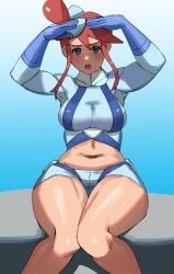 Rule 34 | 1girl, blue background, blue eyes, blue gloves, blue shirt, blue shorts, blush, breasts, cowboy shot, creatures (company), game freak, gloves, gradient background, hair bun, highres, knees together feet apart, large breasts, long sleeves, midriff, navel, nintendo, open mouth, pokemon, pokemon bw, red hair, shiny skin, shirt, shorts, sidelocks, sitting, skyla (pokemon), solo, teeth, thick thighs, thighs, upper teeth only, ytrall