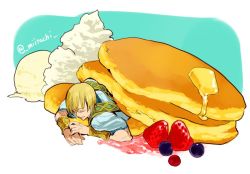 Rule 34 | 1boy, blonde hair, bracelet, butter, earrings, closed eyes, fate/grand order, fate (series), food, fruit, ice cream, jason (fate), jewelry, male focus, necklace, pancake, short hair, solo, pancake stack, strawberry, whipped cream