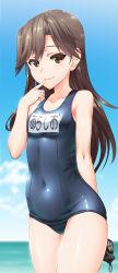 Rule 34 | 10s, 1girl, arashio (kancolle), blush, brown eyes, brown hair, commentary request, covered navel, day, finger to mouth, henshako, highres, kantai collection, lips, long hair, looking at viewer, name tag, ocean, one-piece swimsuit, school swimsuit, searchlight, sky, smile, solo, swimsuit