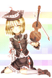 Rule 34 | 1girl, blonde hair, boots, bow (music), crescent, dress, female focus, full body, gradient background, hat, highres, instrument, kazetto, lunasa prismriver, short hair, sitting, smile, solo, touhou, violin, yellow eyes