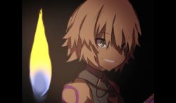 Rule 34 | 1girl, absurdres, bad id, bad twitter id, bare shoulders, black shirt, candlelight, facial scar, fate/grand order, fate (series), fire, green eyes, grin, hair between eyes, highres, jack the ripper (fate/apocrypha), looking at viewer, pillarboxed, scar, scar across eye, scar on cheek, scar on face, shirt, short hair, shoulder tattoo, silver hair, sleeveless, sleeveless shirt, smile, solo, tattoo, wada kazu