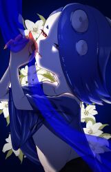 Rule 34 | 1girl, absurdres, blue background, blue hair, blue shawl, cephalopod eyes, chest sarashi, commentary request, eyelashes, flower, hair over one eye, highres, medium hair, nintendo, octoling, parted lips, red eyes, red pupils, sarashi, shawl, shiver (splatoon), solo, splatoon (series), splatoon 3, takagi (tkgiii), tentacle hair, white flower