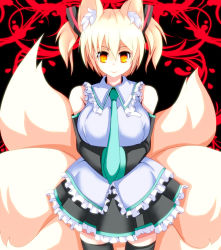Rule 34 | 1girl, alternate costume, animal ears, bare shoulders, black thighhighs, blonde hair, breast hold, breasts, cosplay, detached sleeves, female focus, fox ears, fox tail, hair ornament, hands in opposite sleeves, hatsune miku, hatsune miku (cosplay), large breasts, long sleeves, looking at viewer, merry (diameri), multiple tails, necktie, shirt, short hair, skirt, smile, solo, tail, thighhighs, touhou, twintails, vocaloid, wide sleeves, yakumo ran, yellow eyes, zettai ryouiki