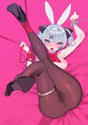 1girl absurdres animal_ears anus ass beijuu black_footwear black_pantyhose blue_eyes blue_hair bow bowtie breasts censored commentary_request detached_collar drooling fake_animal_ears fang from_above full_body hair_ornament hairband hatsune_miku high_heels highres kneepits knees_together_feet_apart legs leotard light_blue_hair looking_at_viewer lying medium_breasts mosaic_censoring necktie nipples on_back open_mouth pantyhose pink_background playboy_bunny pussy rabbit_ears rabbit_hole_(vocaloid) red_bow red_bowtie red_necktie red_ribbon ribbon saliva saliva_trail shoe_soles single_handcuff skin_fang solo strapless strapless_leotard teardrop_facial_mark thigh_strap thighs tie_clip tongue tongue_out vocaloid wedgie white_hairband x_hair_ornament