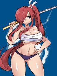 Rule 34 | 1girl, breasts, erza scarlet, fairy tail, female focus, highres, large breasts, long hair, mature female, panties, red hair, solo, standing, sword, underwear, weapon
