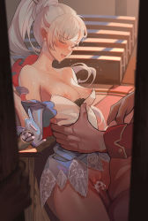 Rule 34 | 1girl, blue skirt, blue sleeves, breasts, censored, clothes lift, collarbone, cowboy shot, cum, cum in pussy, detached sleeves, closed eyes, grey hair, hetero, high ponytail, highres, indoors, leg lift, long hair, long sleeves, miniskirt, mosaic censoring, nipples, open mouth, pussy, rwby, scar, scar across eye, sex, skirt, skirt lift, small breasts, solo focus, standing, standing sex, strapless, tears, torso grab, vaginal, wangxiii, weiss schnee