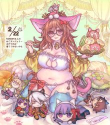 Rule 34 | 1girl, alternate animal ears, animal ear headwear, animal ear legwear, animal ears, ashwatthama (fate), bb (fate), belly, black-framed eyewear, blue thighhighs, blush, bow, bra, breasts, brown eyes, brown hair, cake, cat cutout, cat ear legwear, cat ears, cat lingerie, cat tail, character doll, clothing cutout, commentary request, fake animal ears, fate/grand order, fate (series), food, fruit, fujimaru ritsuka (male), ganesha (fate), glasses, hair bow, highres, holding, holding plate, holding spoon, jewelry, jinako carigiri, kanyobu, karna (fate), kemonomimi mode, large breasts, long hair, long sleeves, matou sakura, meme attire, navel, neco-arc, open mouth, panties, parvati (fate), paw print, paw print soles, pillow, plate, plump, ring, solo focus, spoon, strawberry, swiss roll, tail, thighhighs, twitter username, underwear, very long hair, white bra, white panties
