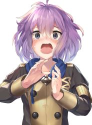Rule 34 | 1girl, ahoge, bernadetta von varley, blush, breasts, crying, crying with eyes open, embarrassed, fire emblem, fire emblem: three houses, hands up, highres, looking at viewer, nintendo, open mouth, panda inu, purple eyes, purple hair, short hair, simple background, small breasts, solo, tears, uniform, upper body, wavy mouth