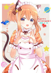 Rule 34 | 1girl, 2024, animal ears, apron, birthday, cat ears, cat tail, dated, dot nose, english text, female focus, hair ornament, happy birthday, heart (symbol), koisuru asteroid, konohata mira, looking at viewer, maid, maid apron, maid headdress, medium hair, multicolored eyes, open mouth, orange hair, plant, ryoutan, shooting star, short sleeves, solo, standing, star (symbol), star hair ornament, tail, whale
