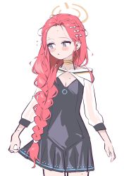 Rule 34 | 1girl, absurdres, black dress, blanchat, blue archive, blue eyes, blush, bow, braid, braided ponytail, breasts, choker, cleavage, collarbone, cowboy shot, dress, forehead, hair bow, halo, highres, long hair, long sleeves, looking to the side, parted bangs, red hair, see-through, see-through sleeves, shrug (clothing), skirt hold, sleeveless, sleeveless dress, small breasts, sweat, white background, yuzu (blue archive)