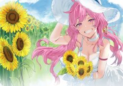 Rule 34 | 1girl, arm up, blue sky, breasts, choker, cleavage, cloud, commentary, cross-shaped pupils, dress, eien project, english commentary, field, flower, flower field, grin, half-closed eyes, hand on headwear, hat, heart-shaped lock, hews, highres, key hair ornament, kiki lockheart, lock hair ornament, looking at viewer, medium breasts, outdoors, pink eyes, pink hair, second-party source, sky, smile, solo, sun hat, sunflower, sunflower field, symbol-shaped pupils, upper body, white choker, white dress, white hat