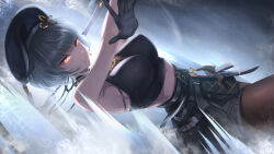 Rule 34 | 1girl, armpit crease, bare shoulders, black beret, black gloves, black pantyhose, black shirt, black skirt, breasts, check commentary, commentary request, covered erect nipples, cowboy shot, crop top, dutch angle, gloves, grey hair, high-waist skirt, highres, holding, holding sword, holding weapon, incoming attack, jewelry, large breasts, looking at viewer, midriff, mismatched irises, mole, mole under mouth, necklace, pantyhose, parted lips, red eyes, sanhua (wuthering waves), shirt, short hair, skirt, skyde kei, solo, sword, tacet mark (wuthering waves), thighs, weapon, wuthering waves