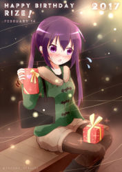 Rule 34 | 1girl, 2017, bag, bench, black pantyhose, blush, boots, box, character name, coat, commentary request, dated, flying sweatdrops, gift, gift box, gochuumon wa usagi desu ka?, handbag, happy birthday, highres, holding, knee boots, long hair, looking at viewer, pantyhose, park bench, purple eyes, purple hair, shorts, sitting, solo, sweat, tedeza rize, triangle mouth, twintails, twitter username, winter clothes, winter coat, yurume atsushi