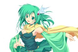 Rule 34 | 1990s (style), 1girl, bad id, bad pixiv id, breasts, cleavage, final fantasy, final fantasy iv, green eyes, green hair, kuon itsuki, matching hair/eyes, retro artstyle, rydia (ff4), simple background, solo